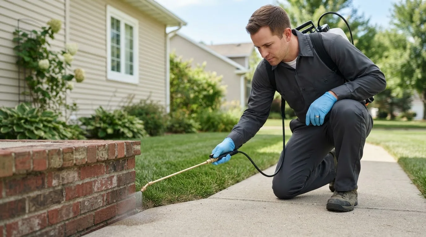 Pest control technician treating a home near Pursglove, WV
