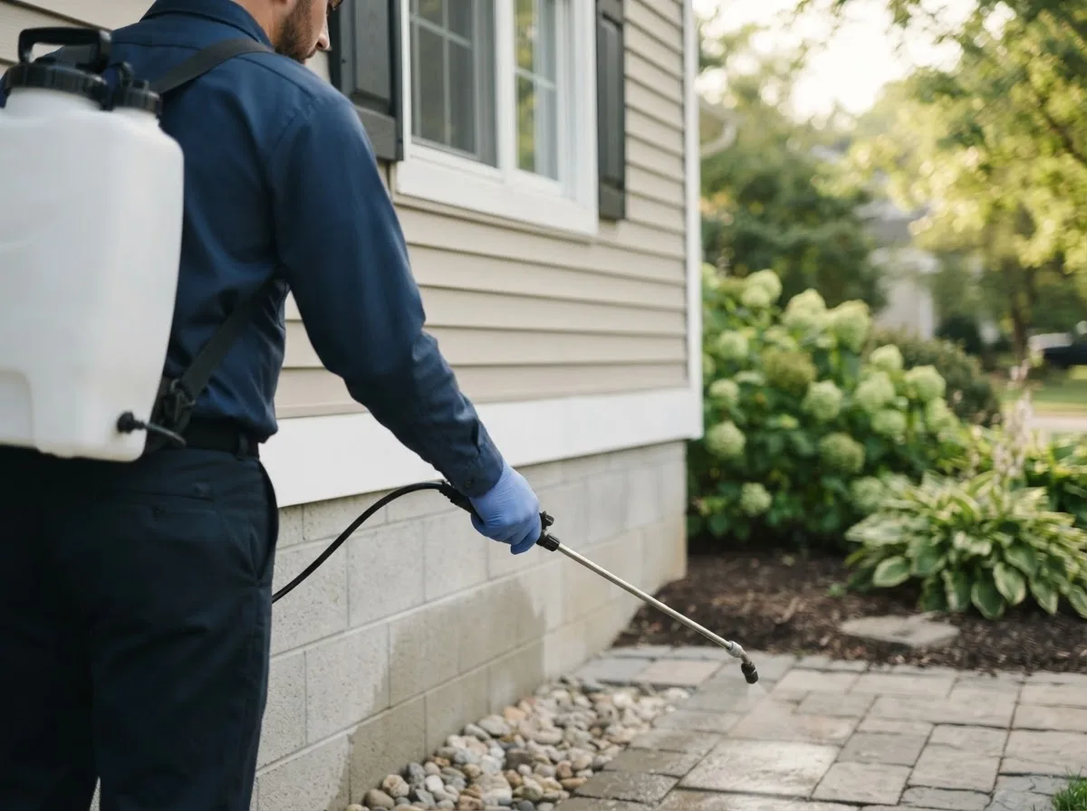 Pest control technician inspecting a home in Pursglove, WV